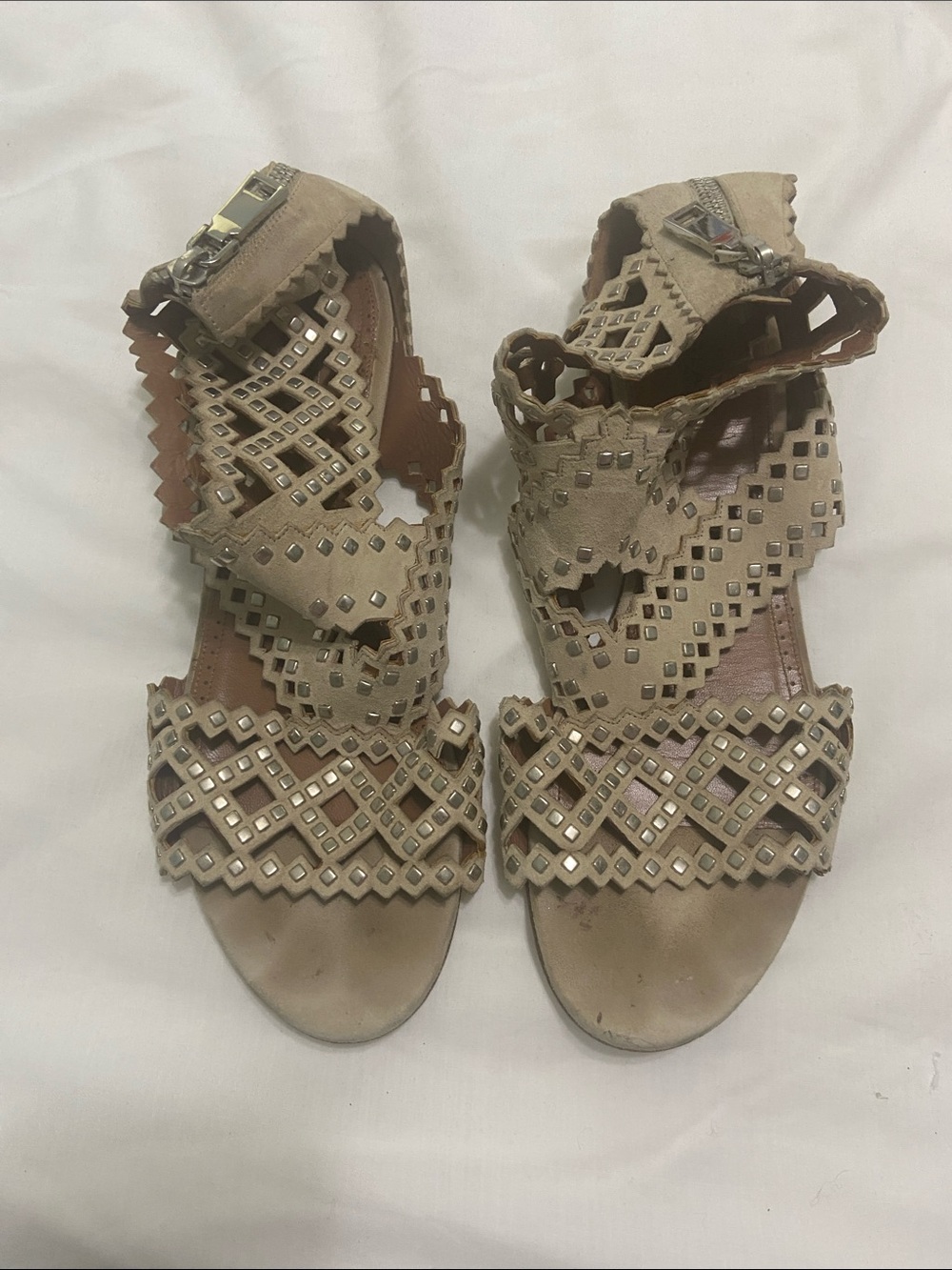Alaïa Nude Laser-Cut Studded Ankle Strap Sandals
